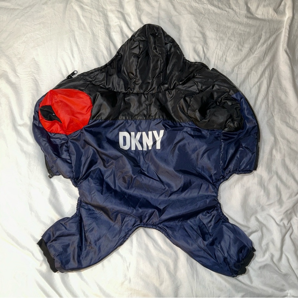 DKNY | Dog Puffer Coat Medium Hooded Fleece Lined Colorblock Black Red Blue